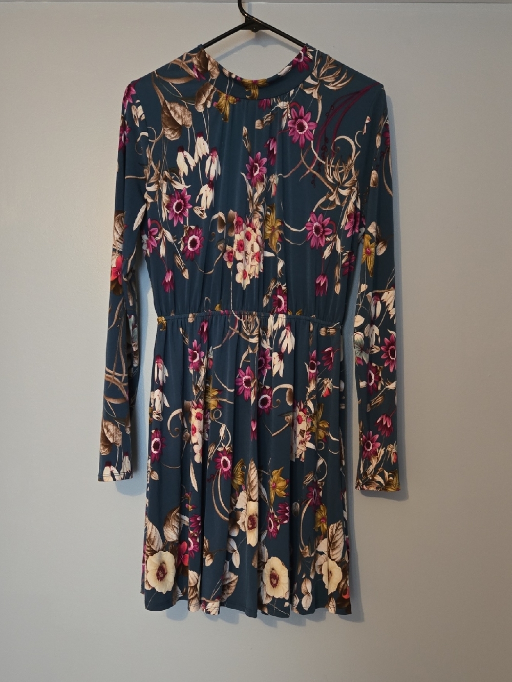 White Birch Teal Floral Long-Sleeve Dress